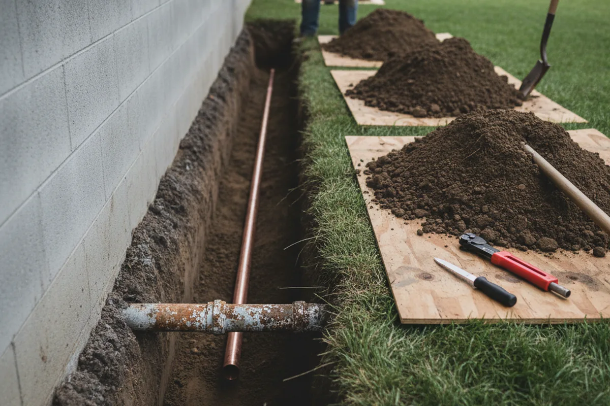Excavated water line trench during Water Softener Installation in Milmay